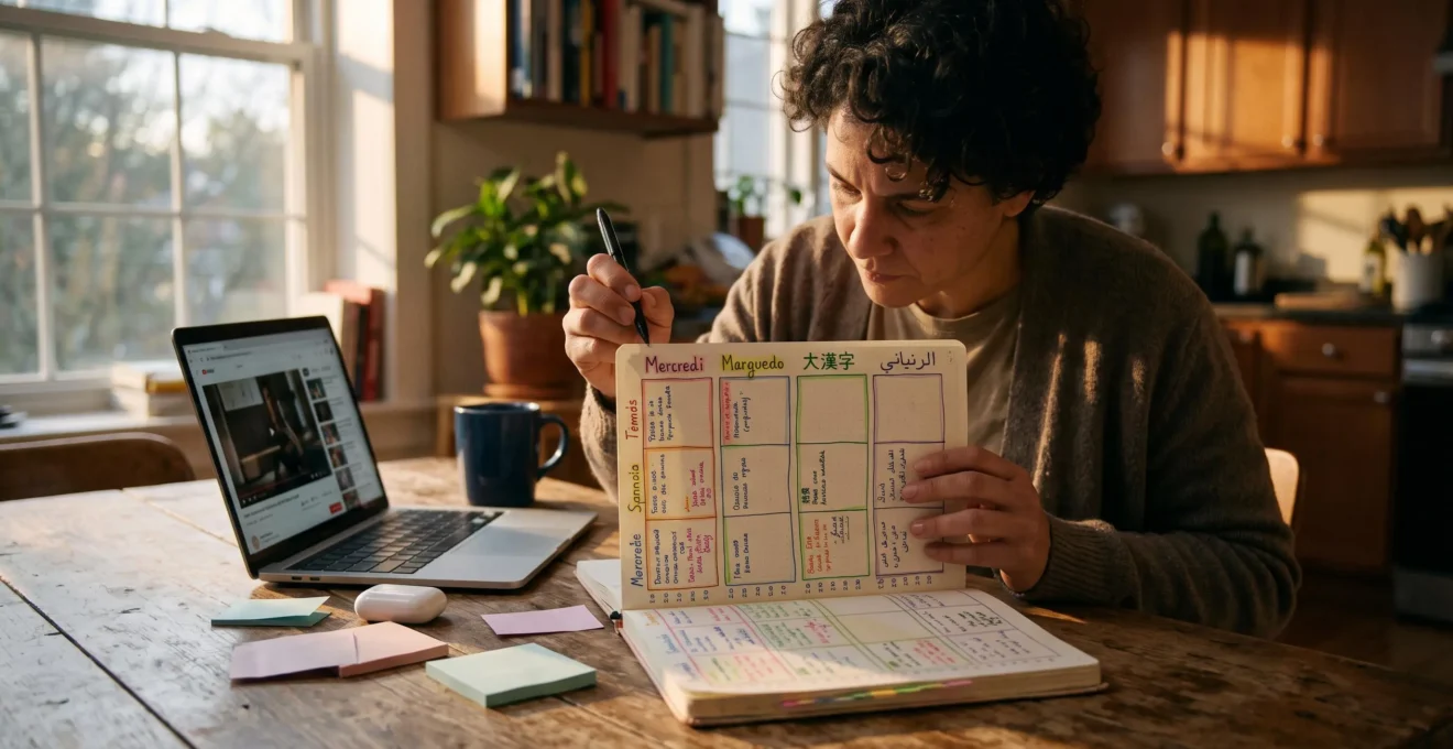 Une personne planifie dans un agenda papier une semaine d'étude répartie entre quatre langues, avec des blocs colorés et un ordinateur posé à côté.