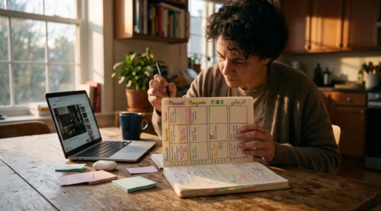 Une personne planifie dans un agenda papier une semaine d'étude répartie entre quatre langues, avec des blocs colorés et un ordinateur posé à côté.