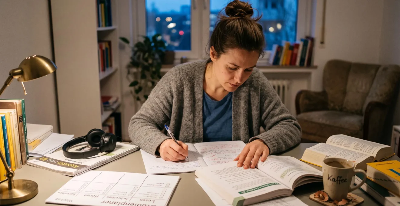 Un candidat rédige un entraînement d'écrit allemand à son bureau, entouré de manuels de préparation et d'une grille de révision par compétence.