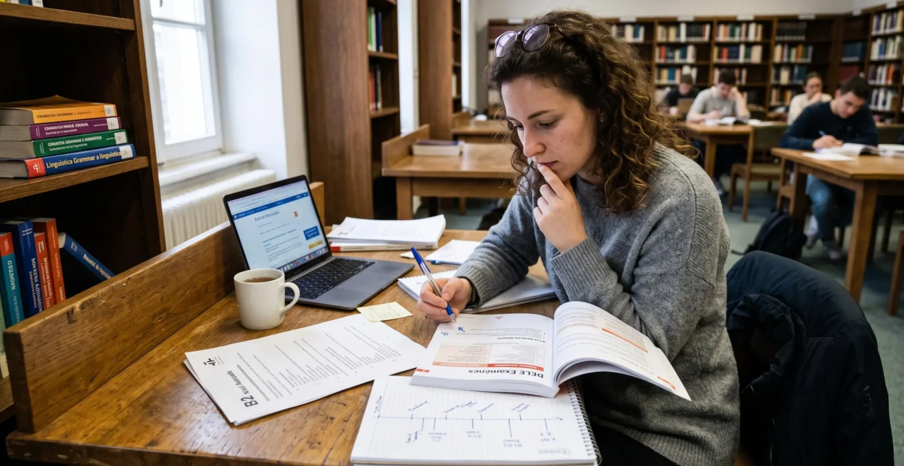 étudiant analysant stratégiquement des guides et des modèles d'examen du DELE sur une chronologie
