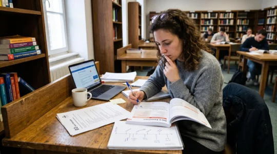 étudiant analysant stratégiquement des guides et des modèles d'examen du DELE sur une chronologie