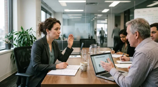 Une professionnelle francophone hésite à prendre la parole pendant une réunion de travail en anglais avec des collègues étrangers.