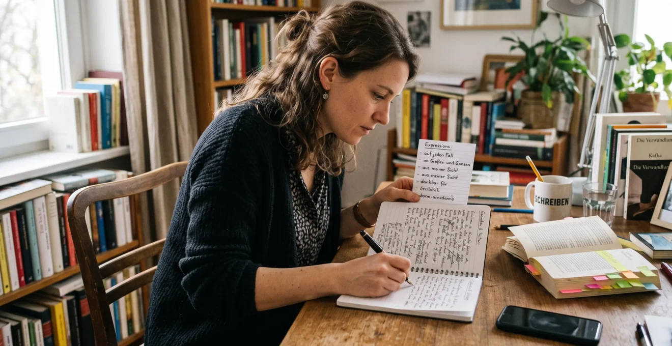 Une personne écrit à la main dans un carnet en s'aidant d'une liste d'expressions manuscrite fixée au bord du bureau.