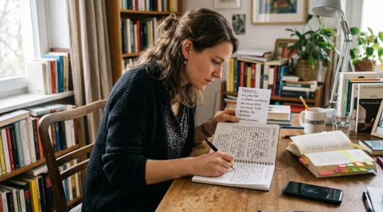 Une personne écrit à la main dans un carnet en s'aidant d'une liste d'expressions manuscrite fixée au bord du bureau.