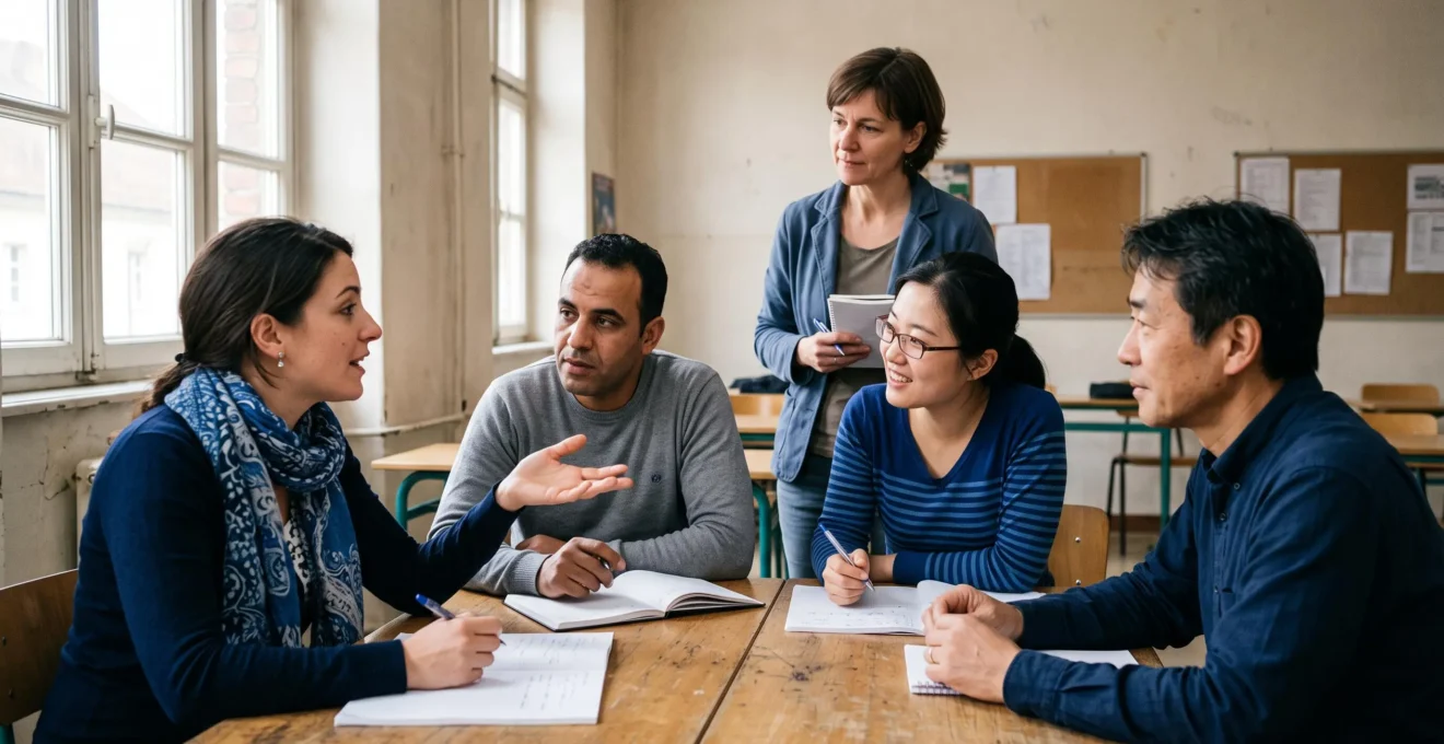 Quatre apprenants adultes participent à un exercice de conversation dans une école de langue sous la supervision d'un enseignant.