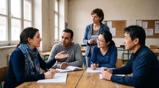 Quatre apprenants adultes participent à un exercice de conversation dans une école de langue sous la supervision d'un enseignant.