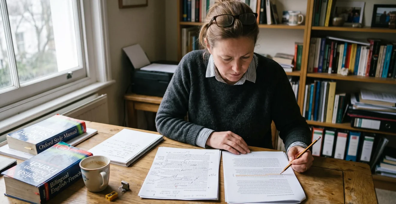 Une traductrice révise à crayon une traduction imprimée en comparant le texte source et sa version annotée sur son bureau.